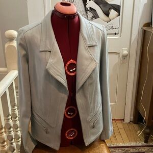 VEX Collection Sky Blue Faux Leather Blazer Size 40 w/ Decorative Zippers